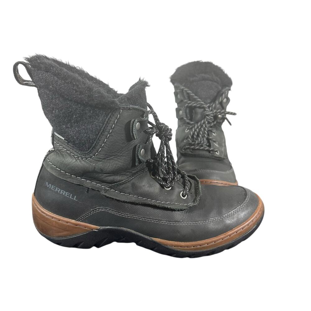 Merrell Waterproof Winter Boots Black Leather Faux Fur Lined lace up Size 8.5